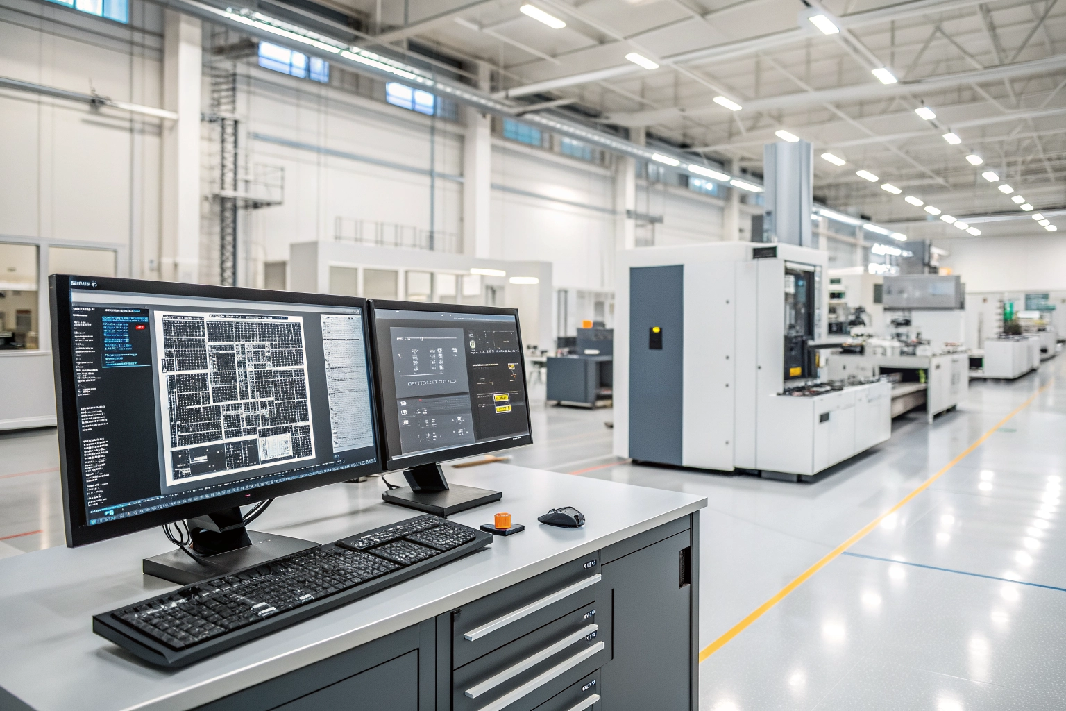 Modern industrial CNC workspace with CADCAM engineering screens for Produsoft software leasing